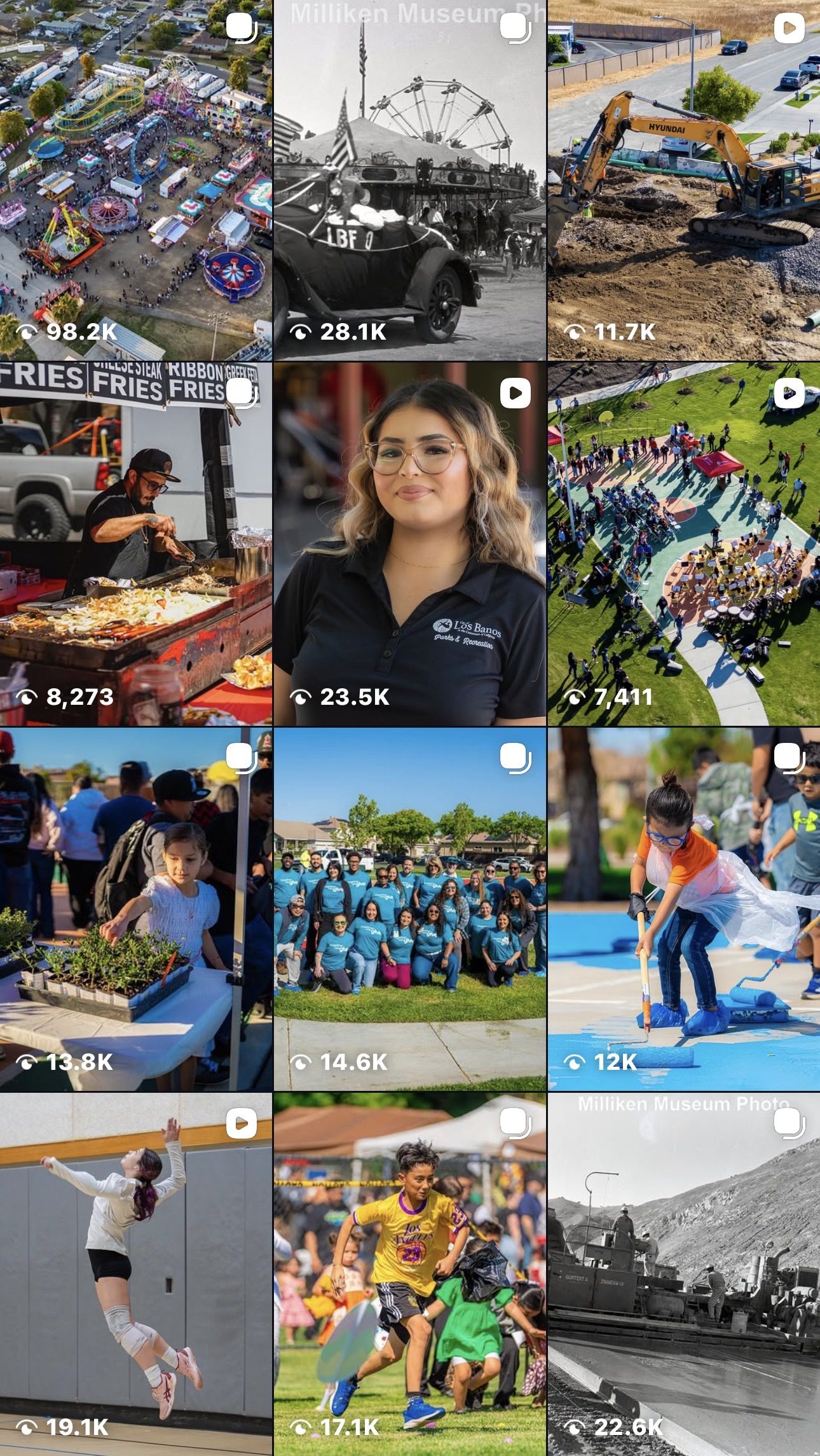 City of Los Baños Instagram feed — current, every post has a view count