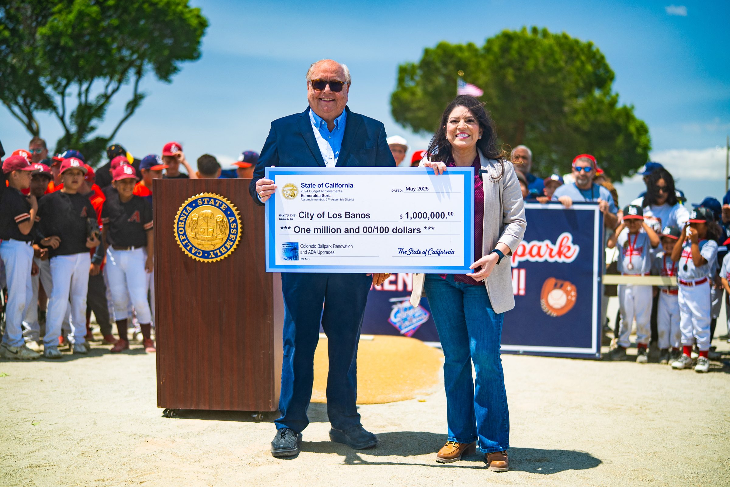 Assemblywoman Esmeralda Soria presenting $1 million State of California grant check to City of Los Baños — Sinaloa Ballpark Renovation