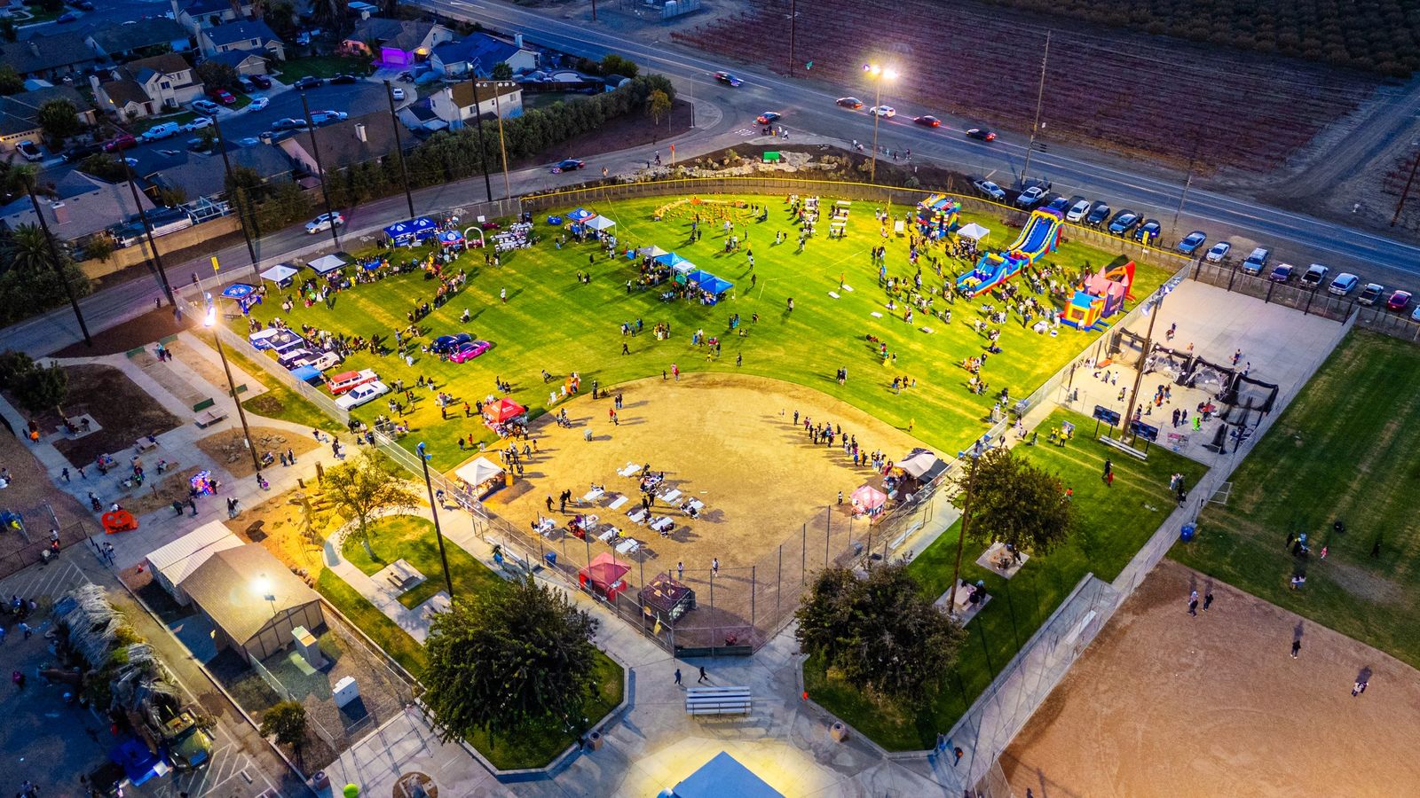 Park event at dusk from above — City of Los Banos