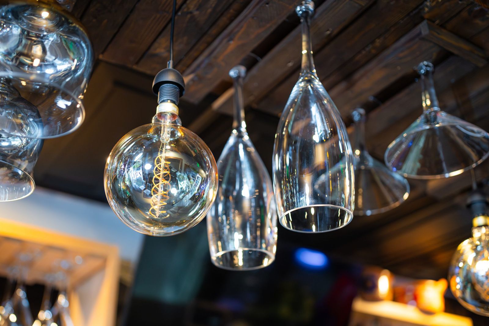 Edison bulbs and wine glasses — City of Los Banos
