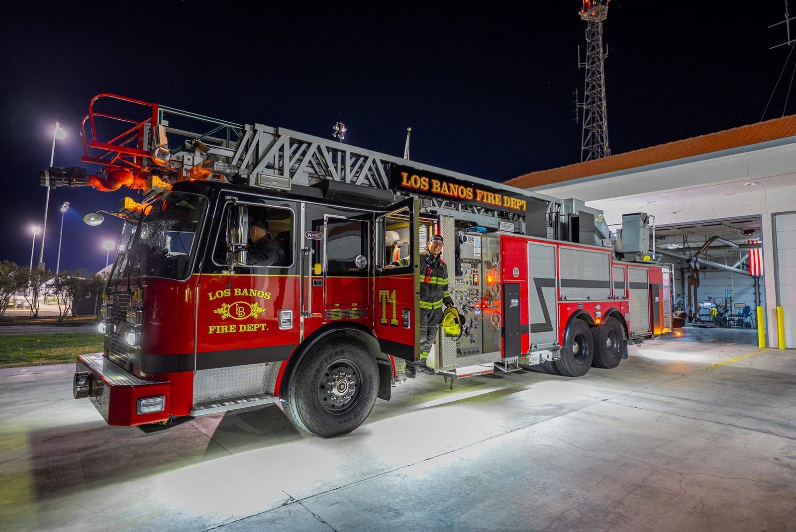 Ladder truck at night — City of Los Banos