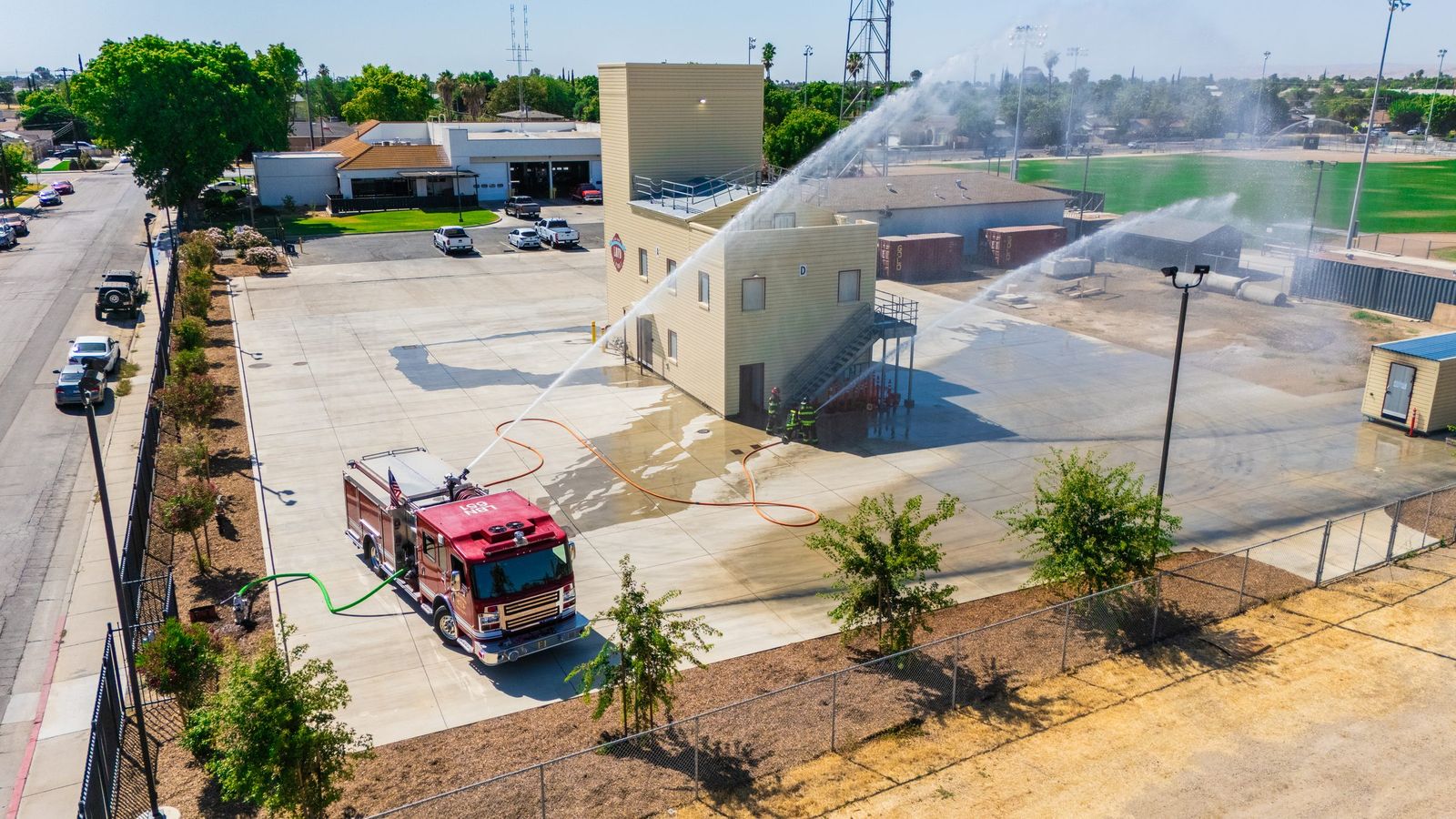Water streams at the training tower — Los Banos Fire Department