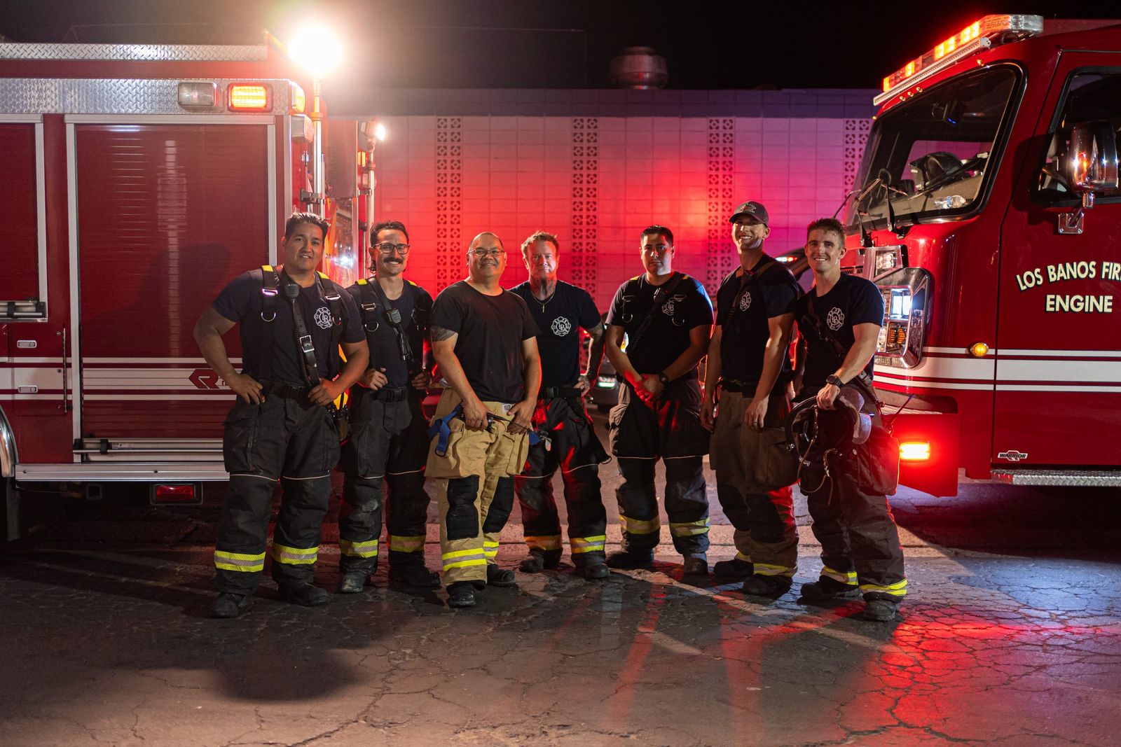 Engine crew under red lights — Los Banos Fire Department