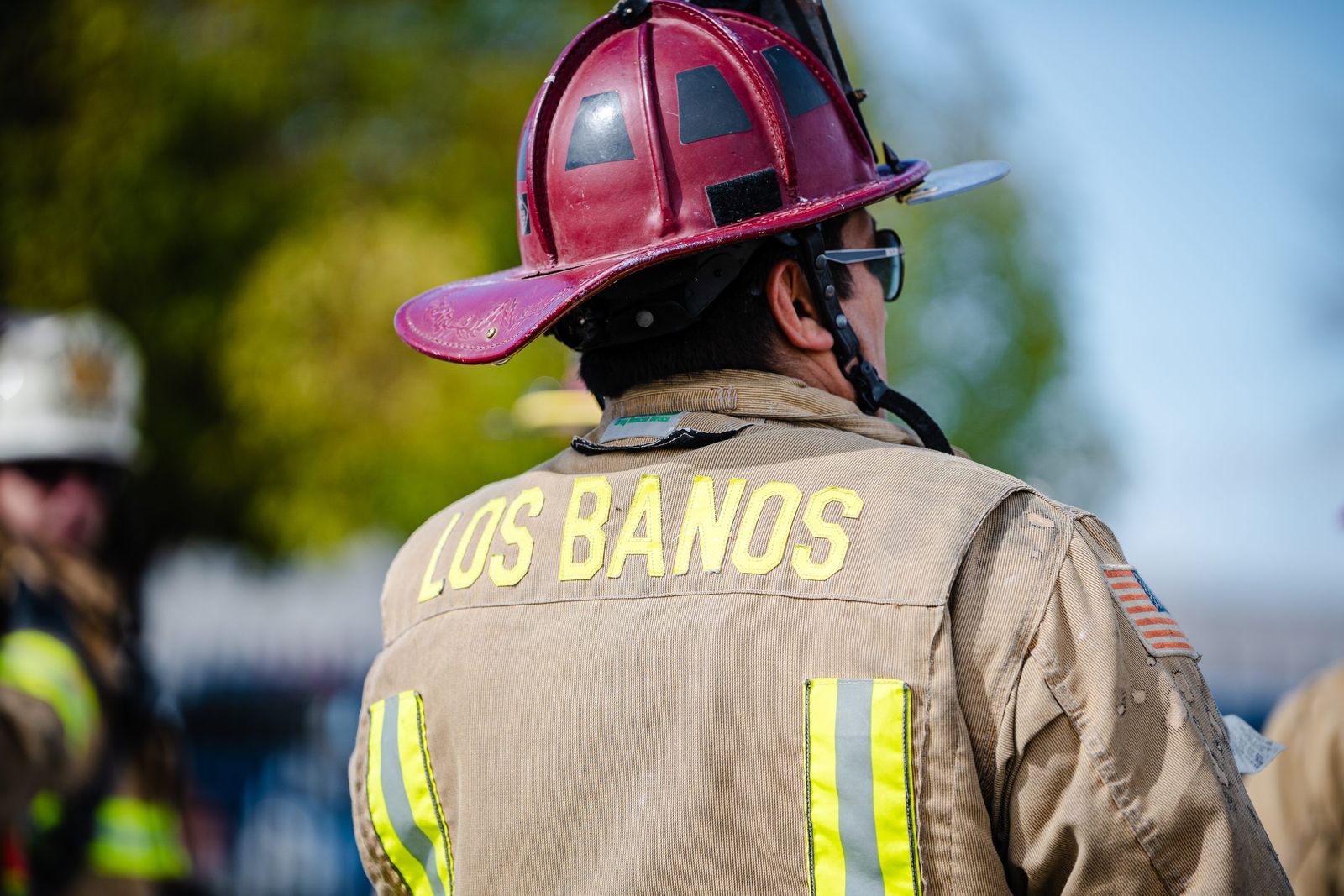 Leather helmet and turnouts — Los Banos Fire Department