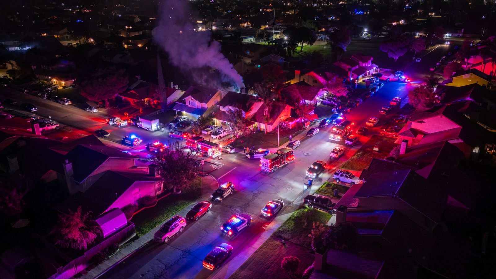 Night emergency scene from above — Los Banos Fire Department
