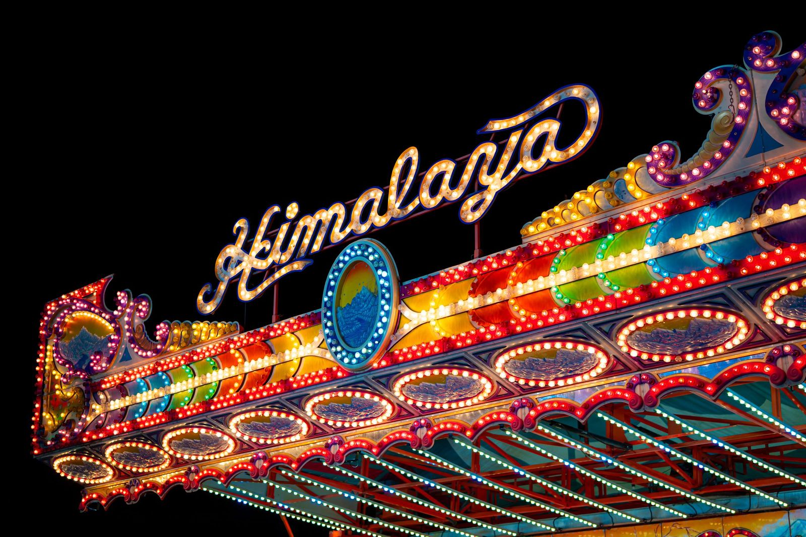 Ride marquee lights at night — Merced County Fair