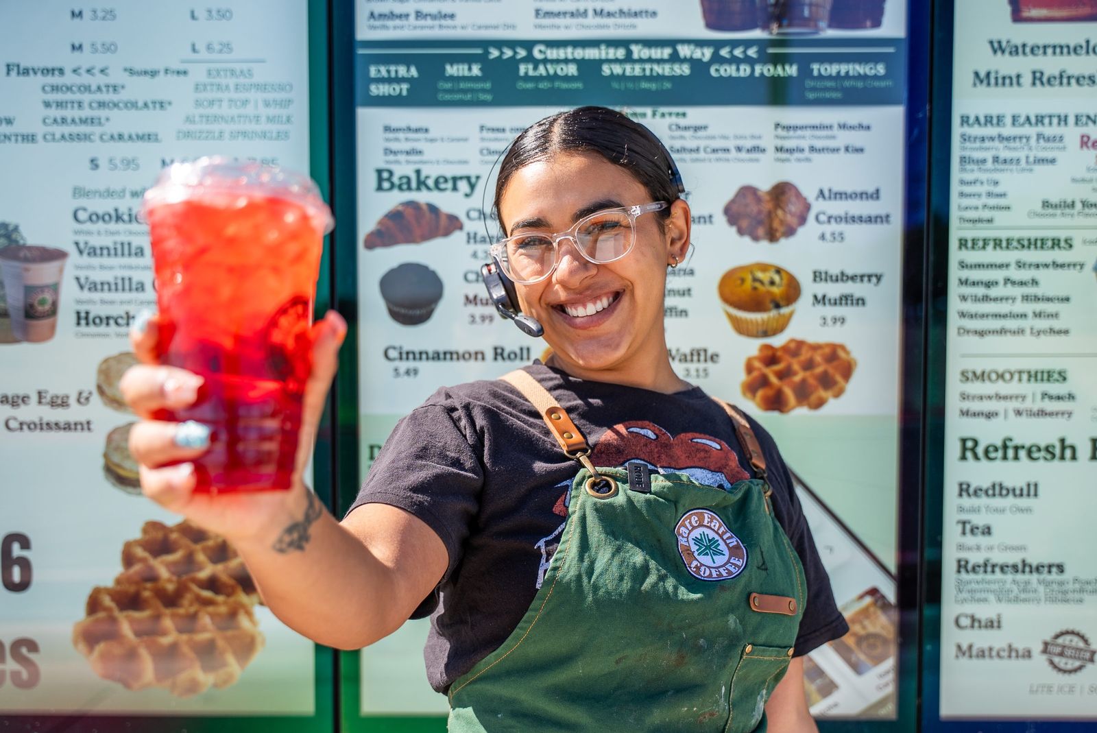 Red drink at the drive-thru menu — Rare Earth Coffee