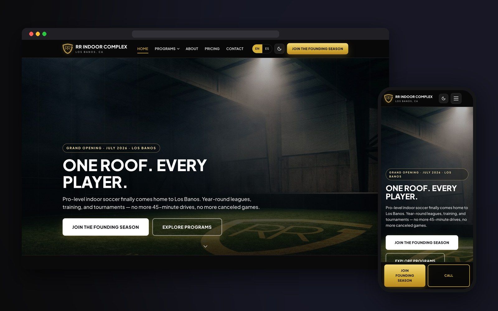 The RR Indoor Complex website on a computer and a phone